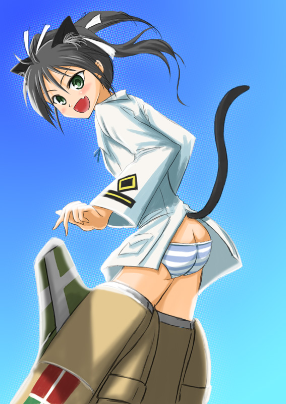 chiaki lsd, francesca lucchini, strike witches, world witches series, bad id, bad pixiv id, 00s, 1girl, fang, female focus, lowleg, lowleg panties, panties, solo, striker unit, striped clothes, striped panties, underwear