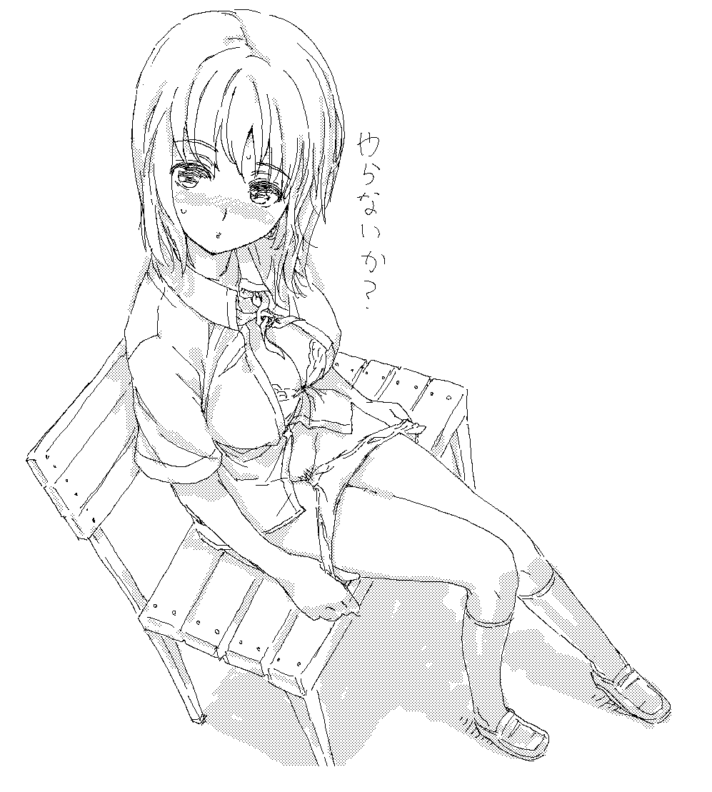 hage, bad id, bad pixiv id, 1girl, bench, blush, bra, breasts, cleavage, female focus, female pubic hair, greyscale, lingerie, monochrome, oekaki, open clothes, open shirt, panties, panty pull, pubic hair, shirt, solo, underwear, undressing, yaranaika