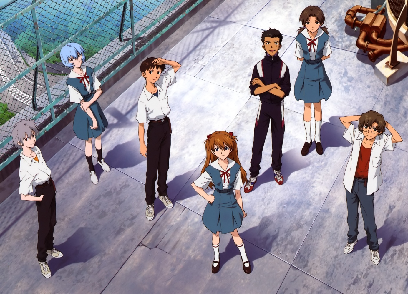 sadamoto yoshiyuki, aida kensuke, ayanami rei, horaki hikari, ikari shinji, nagisa kaworu, souryuu asuka langley, suzuhara touji, neon genesis evangelion, silver hair, non-web source, 3girls, 4boys, black hair, blue hair, brown hair, freckles, glasses, multiple boys, multiple girls, red hair, rooftop, school uniform, serafuku