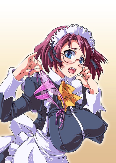 ichimai ugou, original, 1girl, blue eyes, blush, breasts, female focus, glasses, huge breasts, impossible clothes, impossible shirt, maid, open mouth, panties, red hair, shirt, solo, thong, underwear