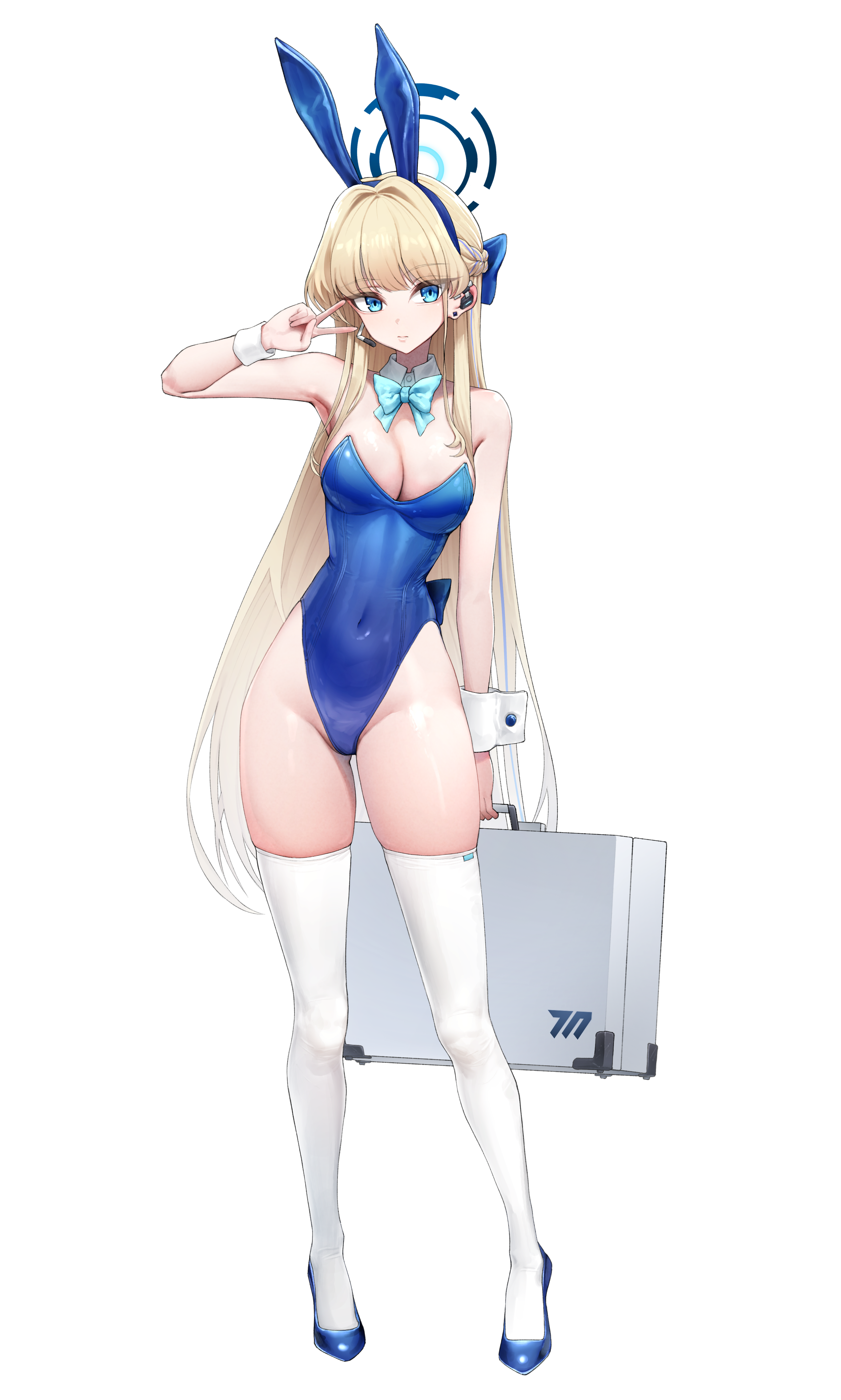 mikelee0614, toki (blue archive), toki (bunny) (blue archive), blue archive, absurdres, commentary, highres, 1girl, animal ears, blonde hair, blue leotard, blue shoes, breasts, cleavage, covered navel, fake animal ears, full body, holding case, large breasts, leotard, long hair, playboy bunny, rabbit ears, shoes, standing, thighhighs, thighs, v, very long hair, white thighhighs