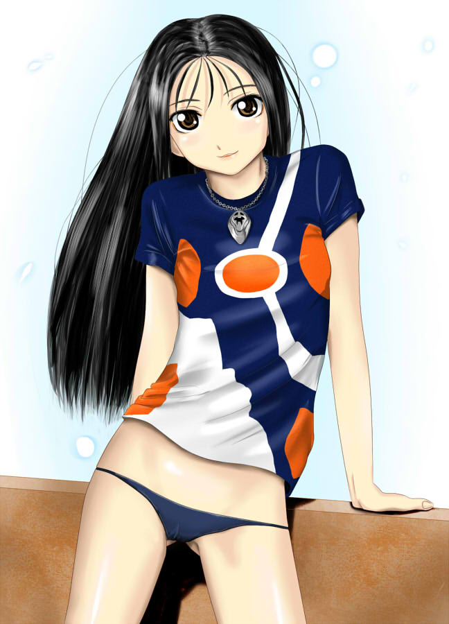 angel (evangelion), zeruel (evangelion), neon genesis evangelion, black hair, brown eyes, jewelry, long hair, lowleg, lowleg panties, midriff, necklace, panties, personification, shirt, solo, t-shirt, underwear
