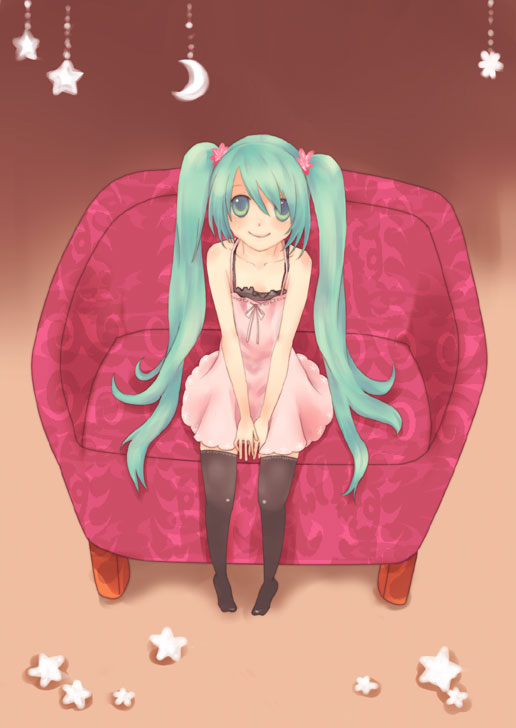 suzushiro haru, hatsune miku, vocaloid, bad id, bad pixiv id, green eyes, green hair, long hair, sitting, solo, thighhighs, twintails, very long hair