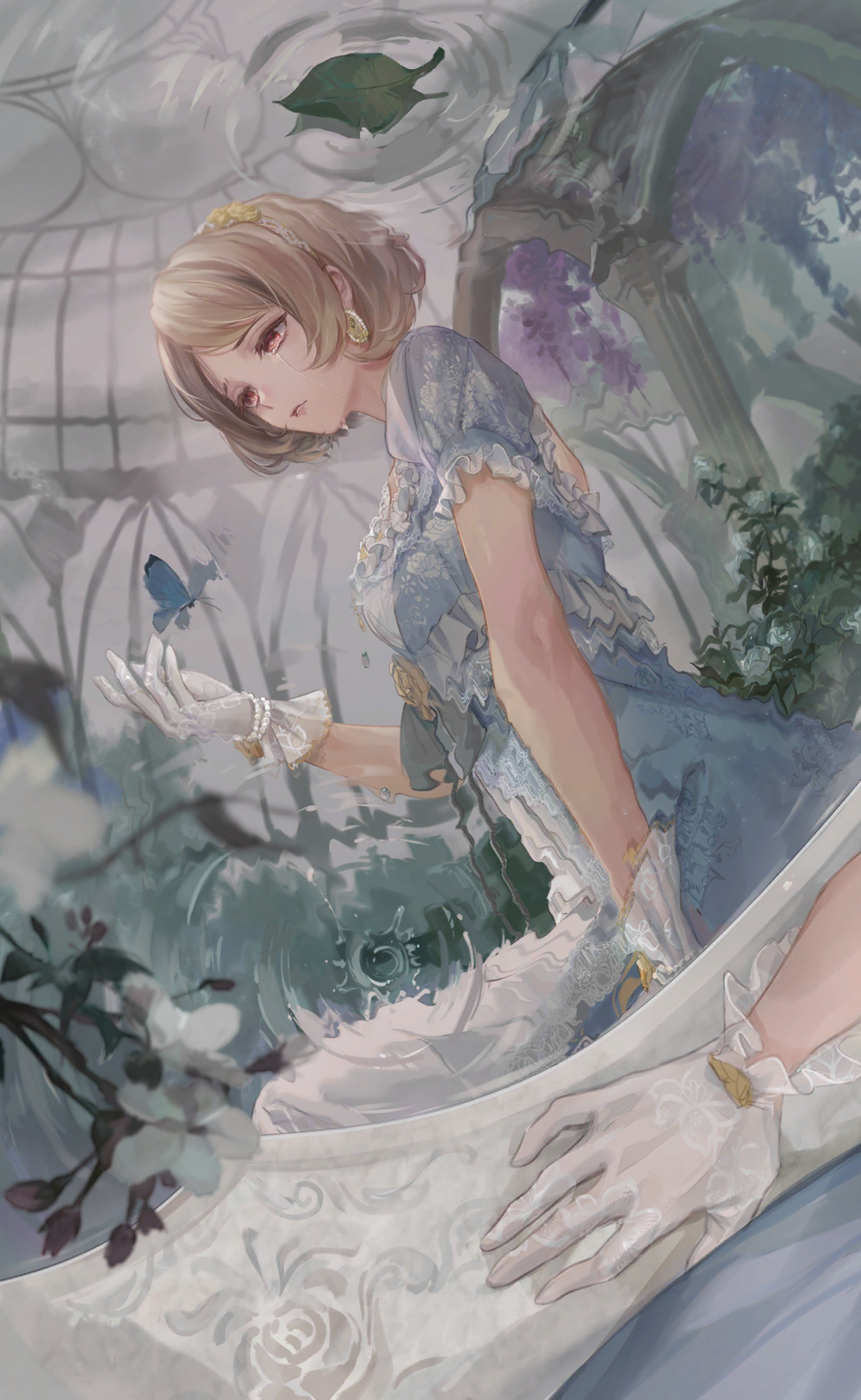 nikki (series), shining nikki, artist request, game cg, highres, official art, 1girl, arch, bead bracelet, beads, blue butterfly, blue dress, bracelet, brown eyes, brown hair, bug, bush, butterfly, cloud, cloudy sky, cowboy shot, crying, crying with eyes open, dress, earrings, floral print, flower, frilled dress, frilled gloves, frills, gloves, gold earrings, greenhouse, hair flower, hair ornament, indoors, insect, jewelry, lady's reflection (shining nikki), looking at animal, parted lips, pillar, purple flower, reflection, reflection focus, reflective water, ripples, sad, short hair, sitting, sky, solo, square neckline, streaming tears, tears, tree, white gloves, wisteria, yellow flower, yuka (shining nikki)