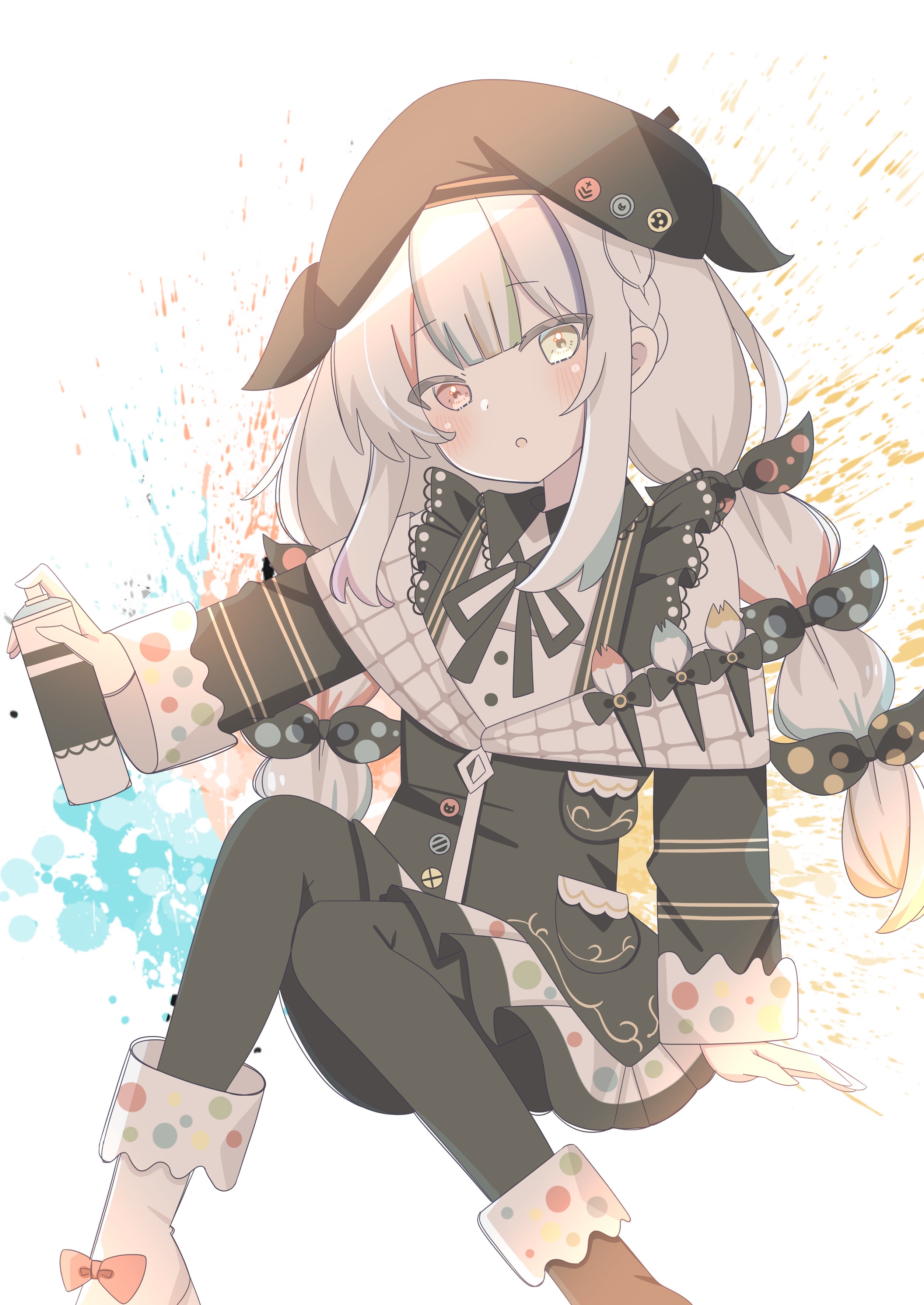 9ra4ki33, jougasaki noa, mahou shoujo no majo saiban, absurdres, commentary request, highres, 1girl, :o, arm at side, asymmetrical footwear, beret, black bow, black hat, black jacket, black pantyhose, black ribbon, blunt bangs, blush, boots, bottle, bow, braid, brown boots, eyes visible through hair, feet out of frame, footwear bow, grey hair, hair bow, hand up, hat, heterochromia, holding, holding bottle, jacket, knees together feet apart, long hair, long sleeves, looking at viewer, low twintails, miniskirt, mismatched footwear, multicolored hair, neck ribbon, open clothes, open jacket, open mouth, paint splatter, pantyhose, partially unzipped, pink bow, pleated skirt, polka dot, polka dot skirt, red eyes, ribbon, shirt, side braid, sidelocks, simple background, skirt, solo, spray bottle, streaked hair, tsurime, twintails, very long hair, white background, white boots, white shirt, white skirt, wide sleeves, yellow eyes