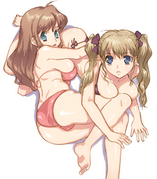 hirose (mokiki), original, 2girls, barefoot, bikini, blue eyes, breast press, breasts, brown hair, cleavage, large breasts, long hair, lying, multiple girls, side-tie bikini bottom, swimsuit, twintails