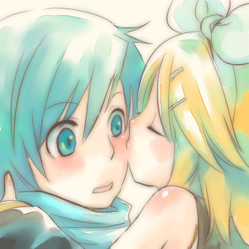 suzushiro haru, kagamine rin, kaito (vocaloid), vocaloid, blush, closed eyes, kiss, kissing cheek, simple background, surprised