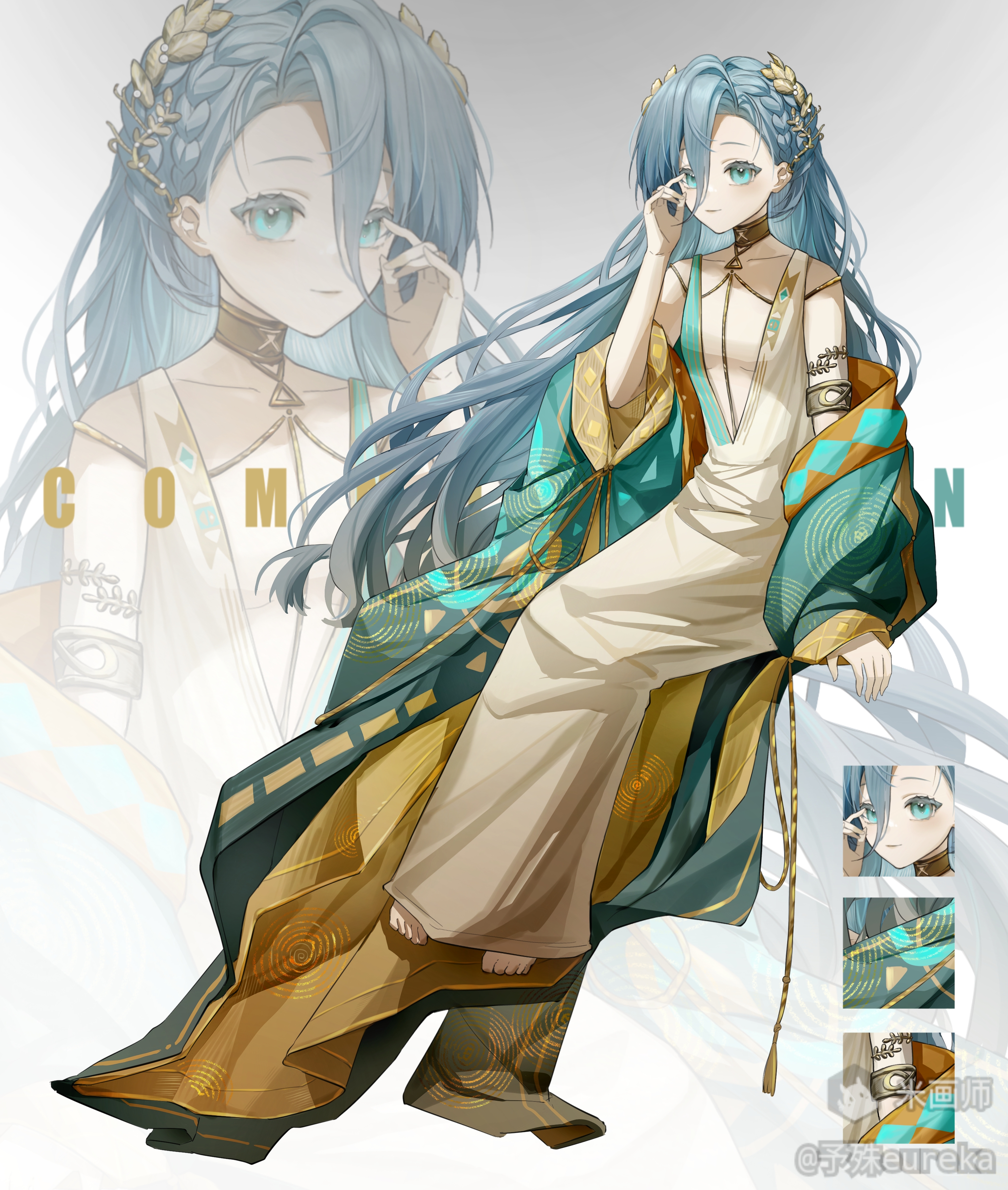 37 (reverse:1999), reverse:1999, absurdres, highres, 1girl, ancient greek clothes, arm support, armlet, bare shoulders, barefoot, blue eyes, blue hair, blue robe, breasts, full body, gold choker, greco-roman clothes, grey background, hair between eyes, hand up, invisible chair, jewelry, laurel crown, long hair, no bra, plunging neckline, robe, sitting, small breasts, smile, solo, very long hair, watermark, yushu eureka, zoom layer