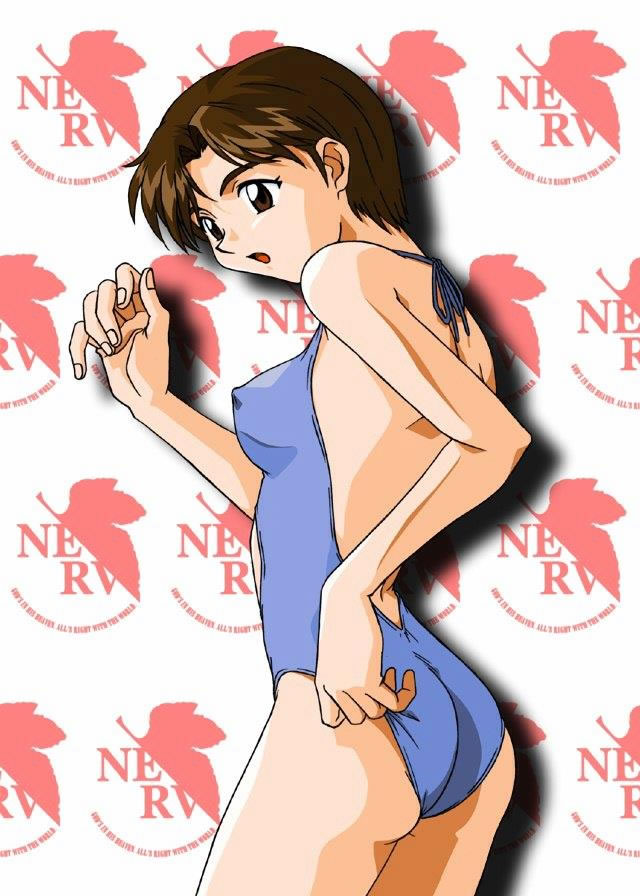 ibuki maya, neon genesis evangelion, non-web source, 1girl, breasts, brown eyes, brown hair, covered erect nipples, female focus, medium breasts, nerv, one-piece swimsuit, short hair, solo, swimsuit