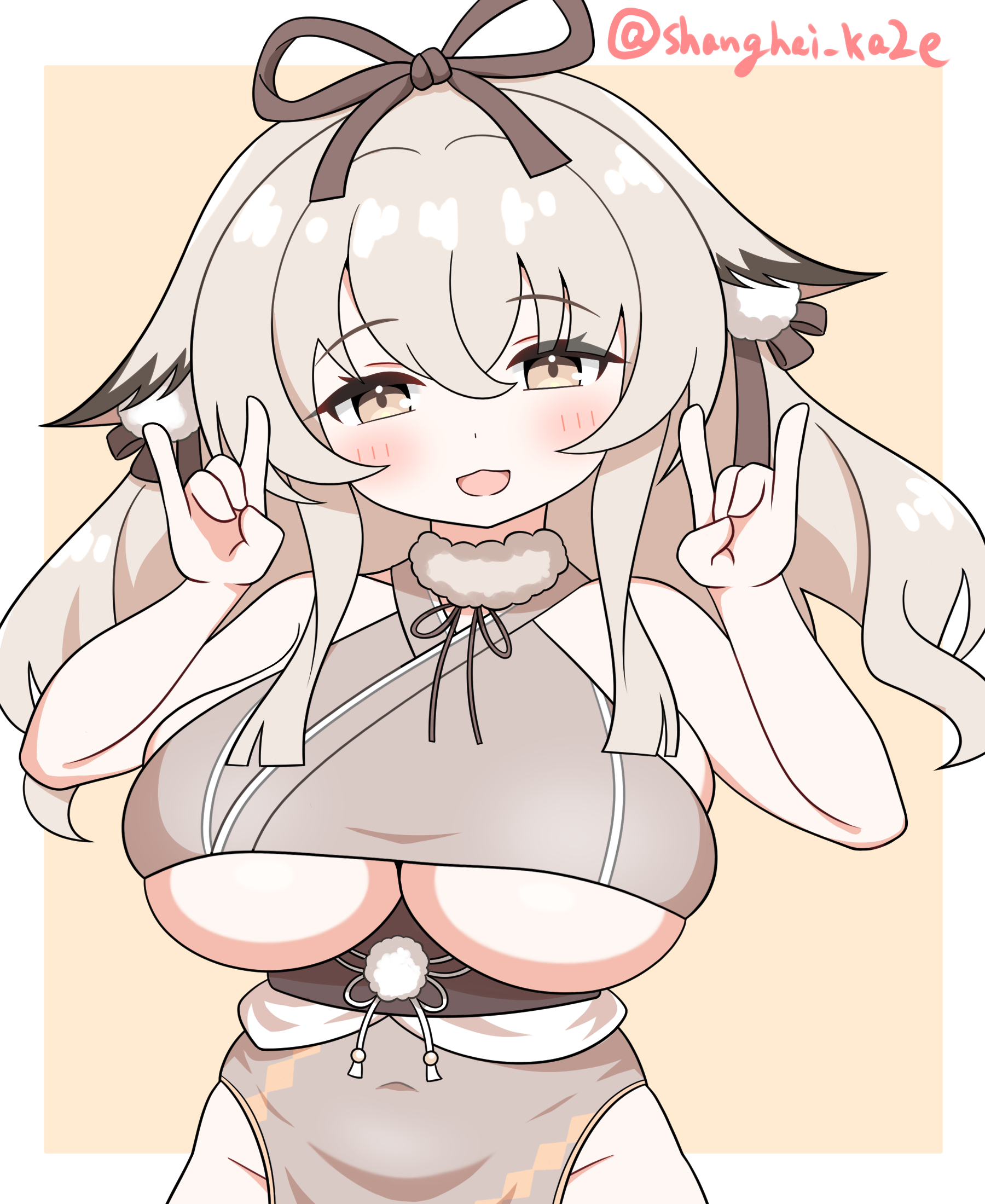 shanghai kani, minase (azur lane), azur lane, highres, 1girl, animal ears, artist name, black ribbon, blush, breasts, covered navel, double fox shadow puppet, droopy ears, fox ears, fox girl, fox shadow puppet, grey hair, groin, hair ribbon, hands up, large breasts, long hair, looking at viewer, open mouth, ribbon, simple background, solo, twitter username, underboob, upper body, yellow background, yellow eyes