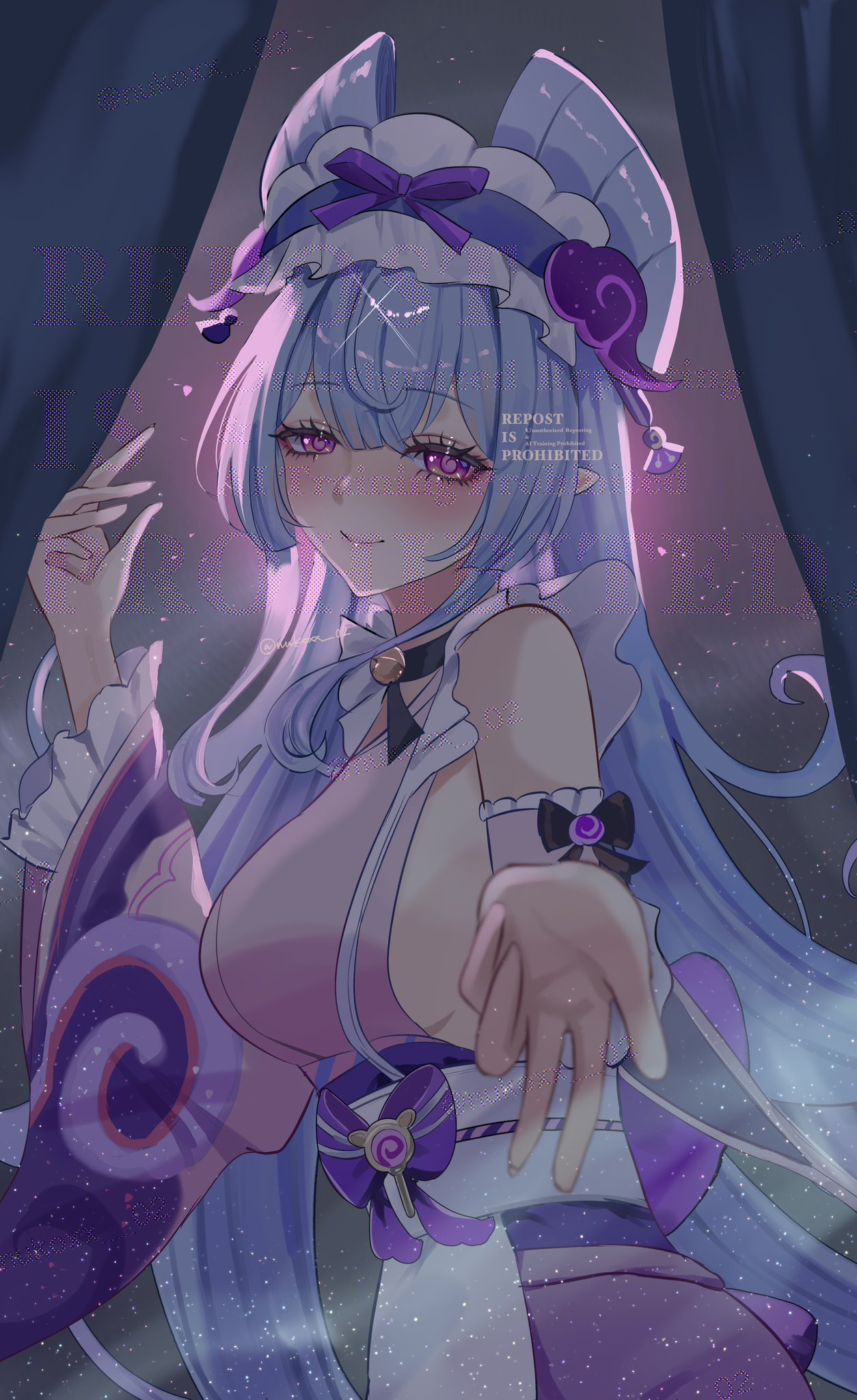nukoxx 02, yumemizuki mizuki, genshin impact, highres, 1girl, bare shoulders, blue hair, breasts, detached sleeves, headdress, japanese clothes, kimono, kimono skirt, long hair, looking at viewer, medium breasts, nihongami, obi, pink kimono, purple eyes, reaching, reaching towards viewer, sash, sideboob, solo, upper body, watermark, white headdress, white sash, wide sleeves
