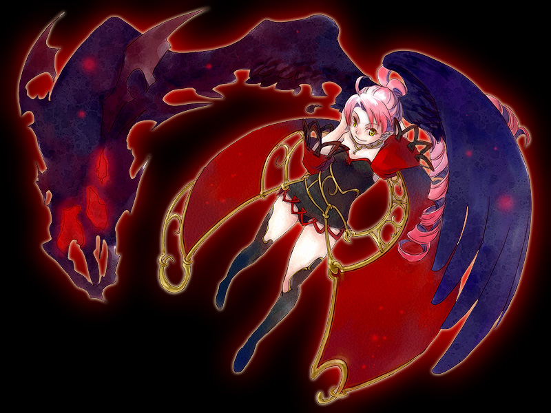 sugikiyu, original, legs, pink hair, solo, thighhighs, wings, yellow eyes
