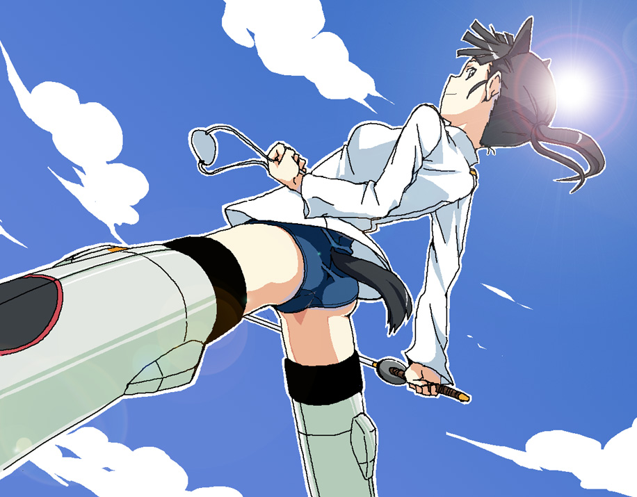 kurosho, sakamoto mio, strike witches, world witches series, 00s, 1girl, armor, armored boots, ass, blue panties, blue sky, boots, cloud, day, female focus, from behind, long sleeves, looking at viewer, military, military uniform, panties, shirt, sky, solo, spread legs, standing, striker unit, sun, sunlight, thigh boots, thighhighs, underwear, white shirt