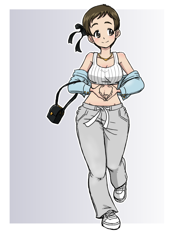 takahashi kurage, hida ema, girls und panzer, 1girl, bikini, blush, breasts, brown eyes, brown hair, cleavage, closed mouth, collarbone, full body, grey pants, heart, heart hands, jewelry, large breasts, navel, necklace, pants, short hair, simple background, smile, solo, swimsuit, white bikini