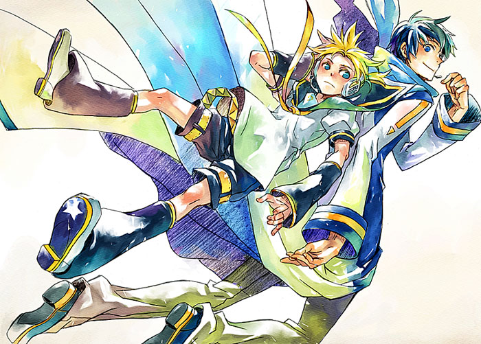 sugikiyu, kagamine len, kaito (vocaloid), vocaloid, 2boys, blonde hair, blue eyes, blue hair, male focus, multiple boys