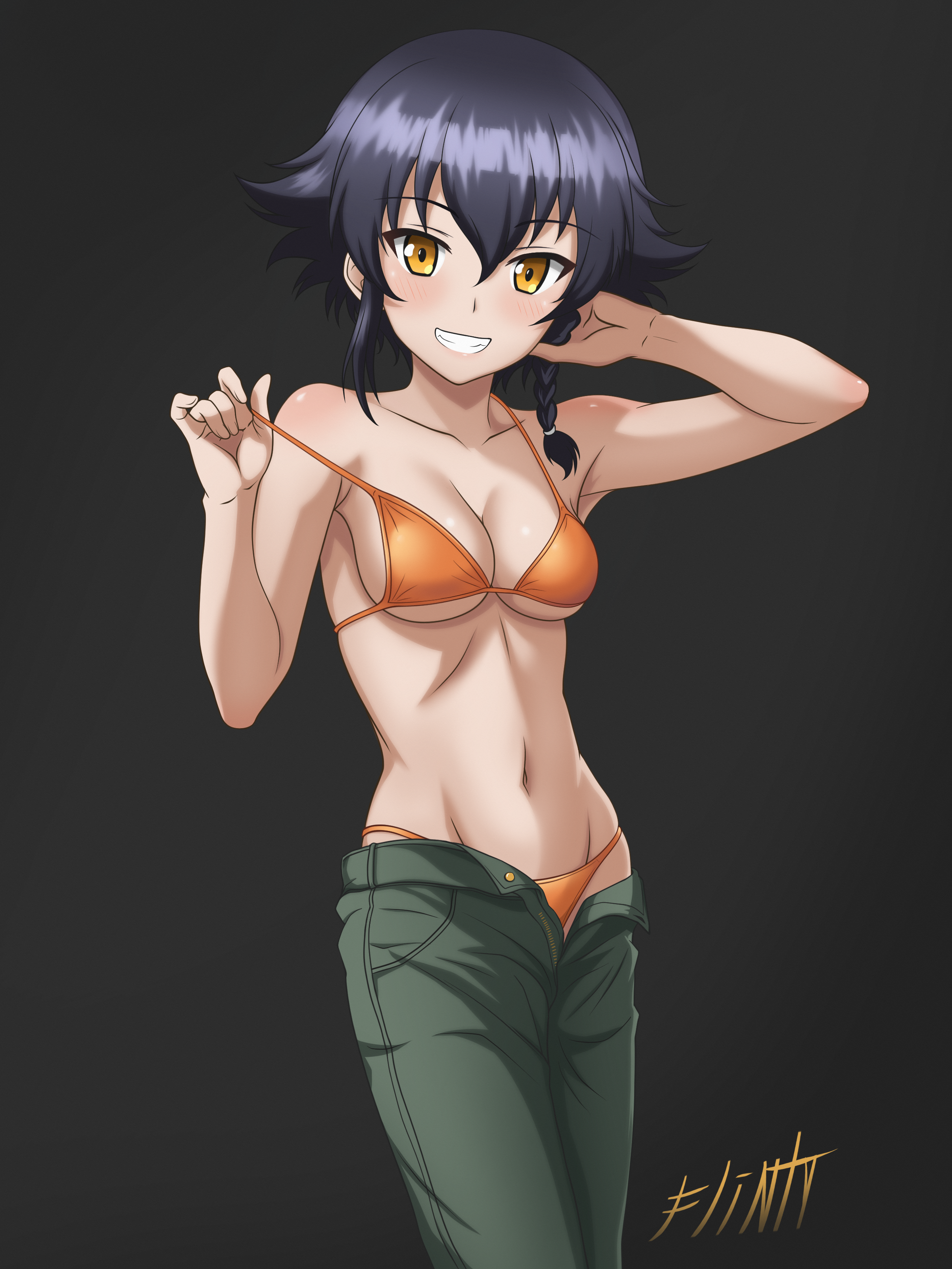 flintard, panettone (girls und panzer), girls und panzer, absurdres, commentary, english commentary, highres, 1girl, bikini, black hair, blush, braid, breasts, cleavage, collarbone, green pants, grin, large breasts, looking at viewer, navel, orange bikini, pants, signature, simple background, smile, solo, swimsuit, yellow eyes