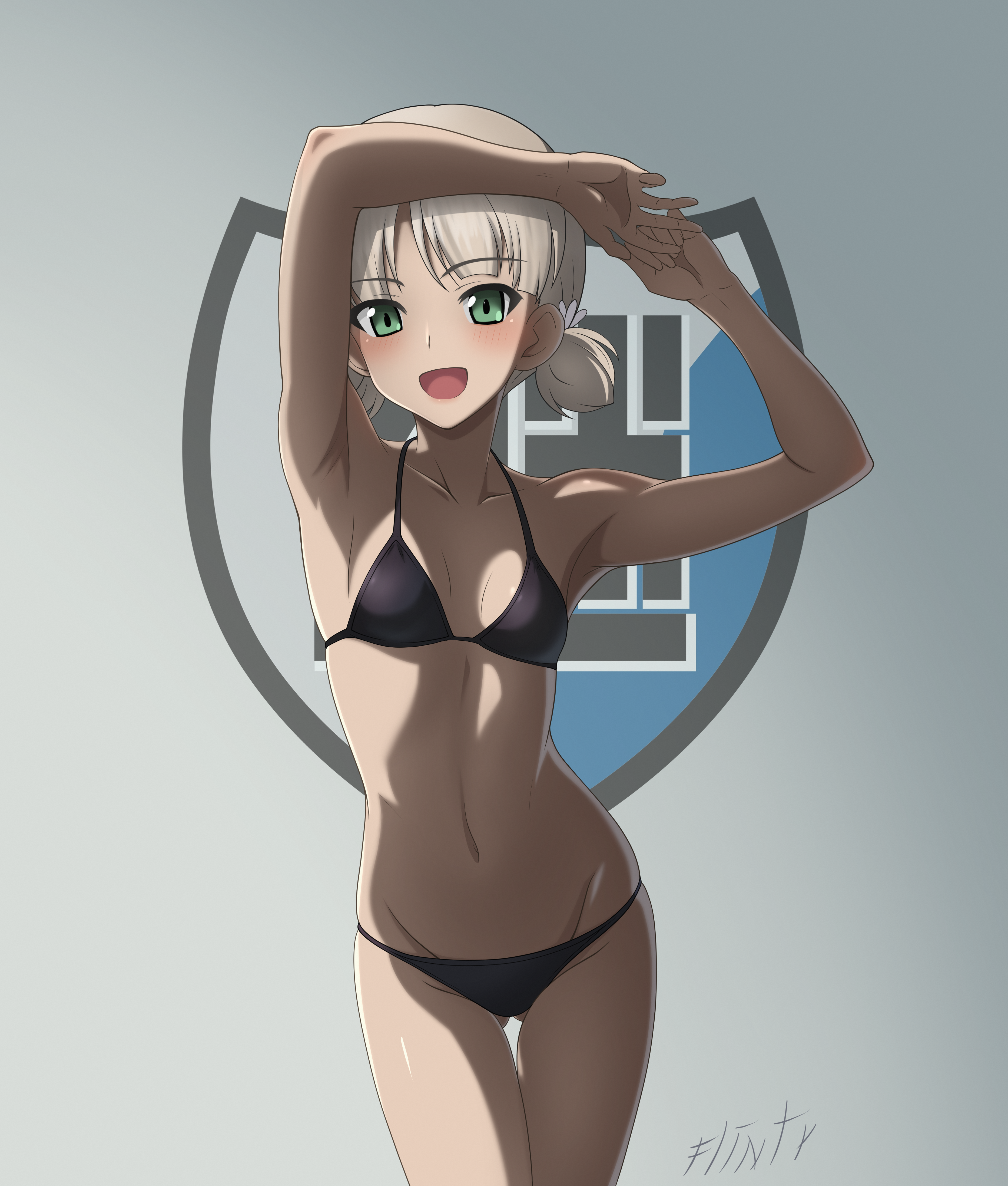 flintard, aki (girls und panzer), girls und panzer, absurdres, commentary, highres, 1girl, armpits, bikini, black bikini, blonde hair, blush, breasts, collarbone, green eyes, looking at viewer, navel, open mouth, short hair, small breasts, smile, solo, swimsuit, twintails