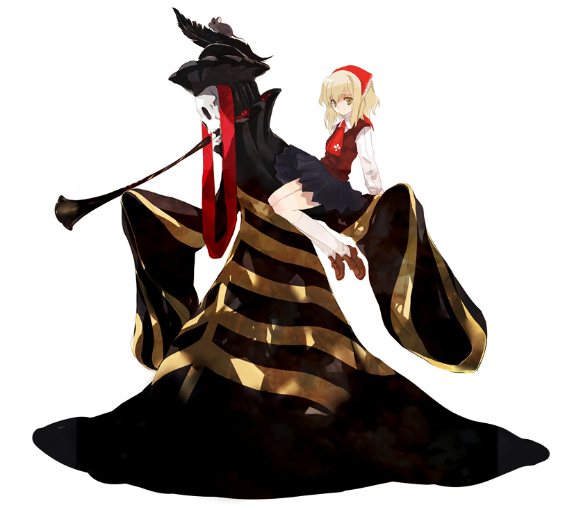 ni (2shi), death (entity), pixiv shadow, 1girl, blonde hair, feathers, hat, instrument, kneehighs, mouse (animal), robe, school uniform, serafuku, skull, socks, trumpet, yellow eyes