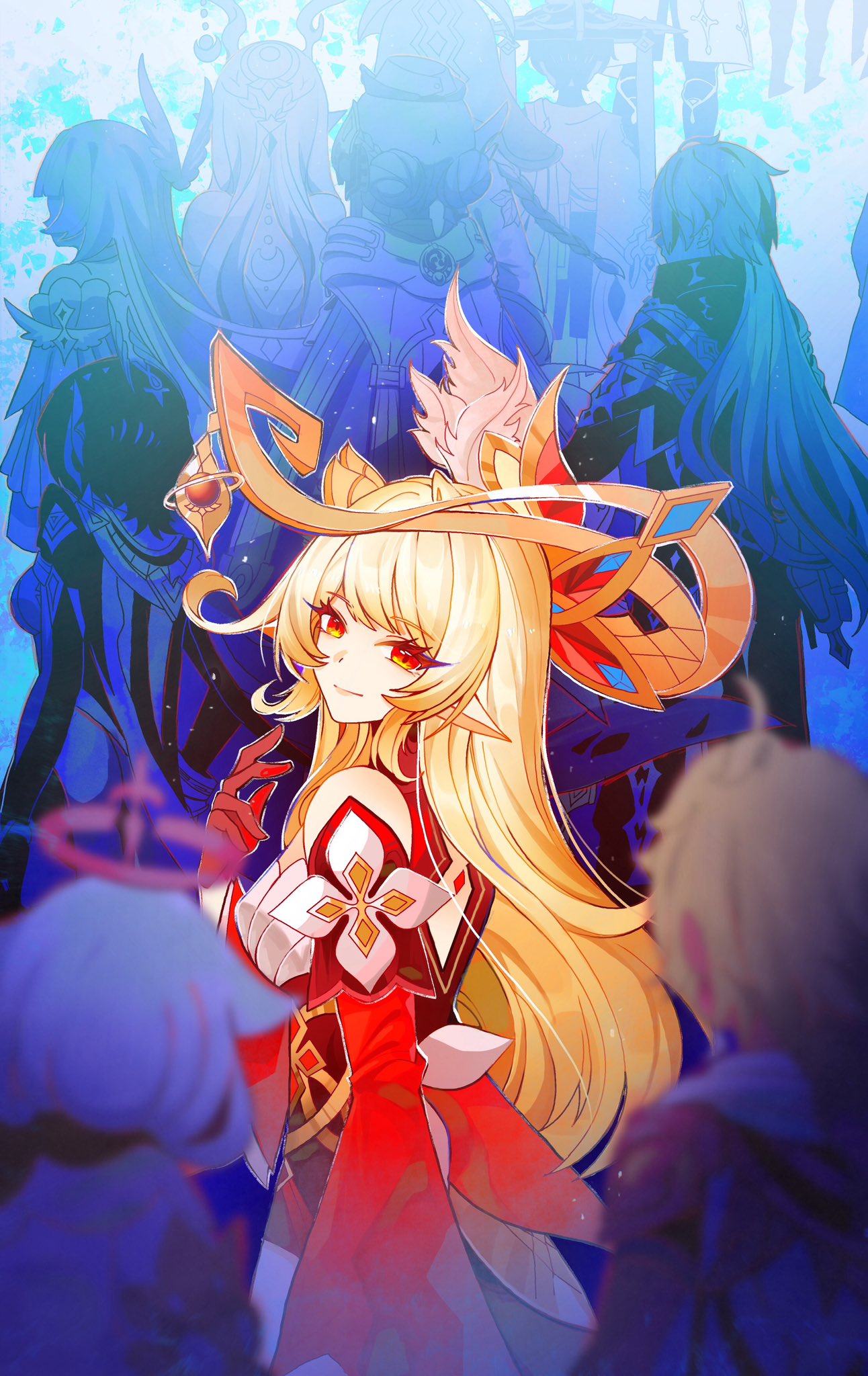 aether (genshin impact), albedo (genshin impact), alice (genshin impact), columbina (genshin impact), flins (genshin impact), ineffa (genshin impact), lauma (genshin impact), nefer (genshin impact), paimon (genshin impact), scaramouche (genshin impact), wanderer (genshin impact), genshin impact, highres, 4boys, 6+girls, bare shoulders, blonde hair, blurry, blurry foreground, detached sleeves, dress, from behind, gloves, halo, headgear, long hair, long sleeves, looking at viewer, looking back, multiple boys, multiple girls, pointy ears, red dress, red eyes, red gloves, red sleeves, short hair, solo focus, viviwi, white hair
