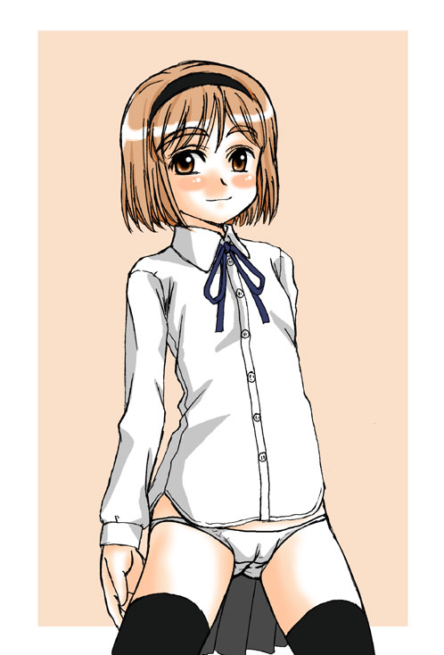 doushindou, henrietta (gunslinger girl), gunslinger girl, 00s, bob cut, brown eyes, brown hair, cameltoe, dress shirt, hairband, loli, lowleg, lowleg panties, no pants, panties, shirt, short hair, solo, thighhighs, underwear