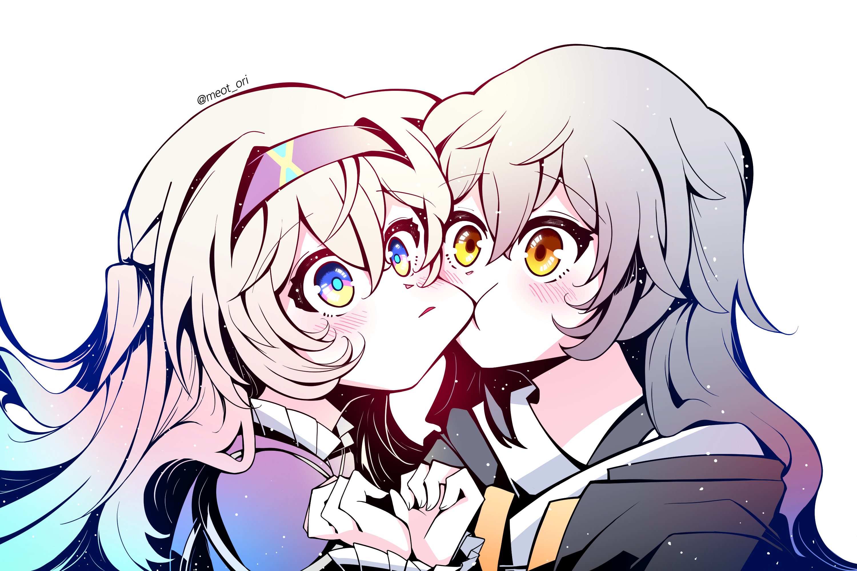 electronduck, firefly (honkai: star rail), stelle (honkai: star rail), trailblazer (honkai: star rail), honkai: star rail, honkai (series), commentary, english commentary, highres, 2girls, biting, biting cheek, black hairband, gradient hair, green hair, grey hair, hairband, long hair, long sleeves, multicolored hair, multiple girls, purple eyes, simple background, twitter username, two-tone hair, white background, yellow eyes