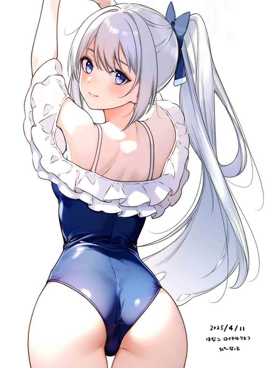 hanako (peanut), miyako (blue archive), miyako (swimsuit) (blue archive), blue archive, highres, 1girl, arms up, ass, blue one-piece swimsuit, casual one-piece swimsuit, cowboy shot, dated, frilled one-piece swimsuit, frills, from behind, long hair, looking at viewer, looking back, no halo, off-shoulder one-piece swimsuit, off shoulder, official alternate costume, one-piece swimsuit, purple eyes, simple background, solo, swimsuit, white background, white hair