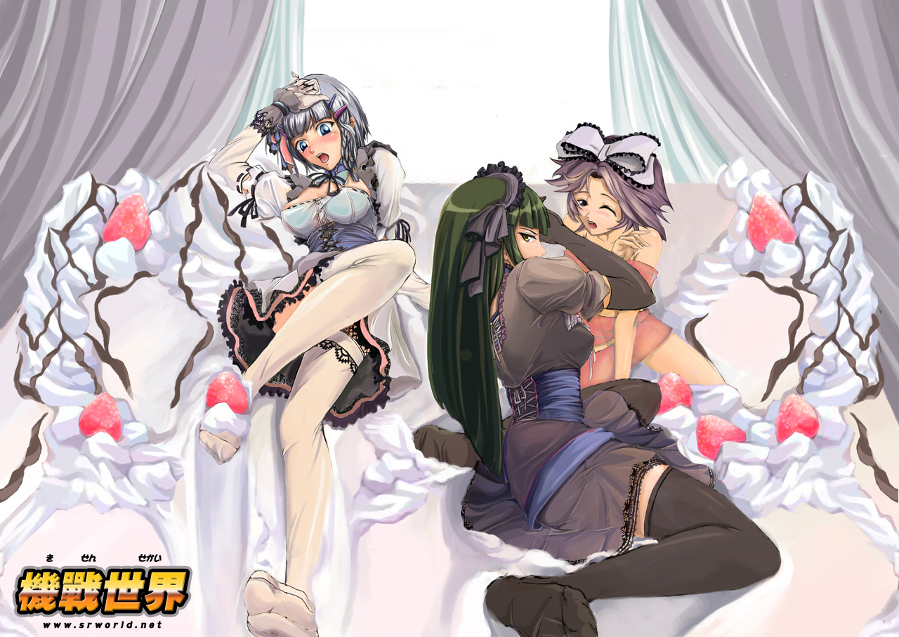latune subbota, ouka nagisa, seolla schweizer, banpresto, super robot wars, super robot wars original generation, silver hair, blue eyes, blush, bow, braid, cake, dress, elbow gloves, feet, food, fruit, gloves, goth fashion, green hair, hair ornament, hair ribbon, hairclip, long hair, one eye closed, open mouth, pastry, purple hair, ribbon, short hair, strawberry, thighhighs, wink, yellow eyes, yuri, zettai ryouiki