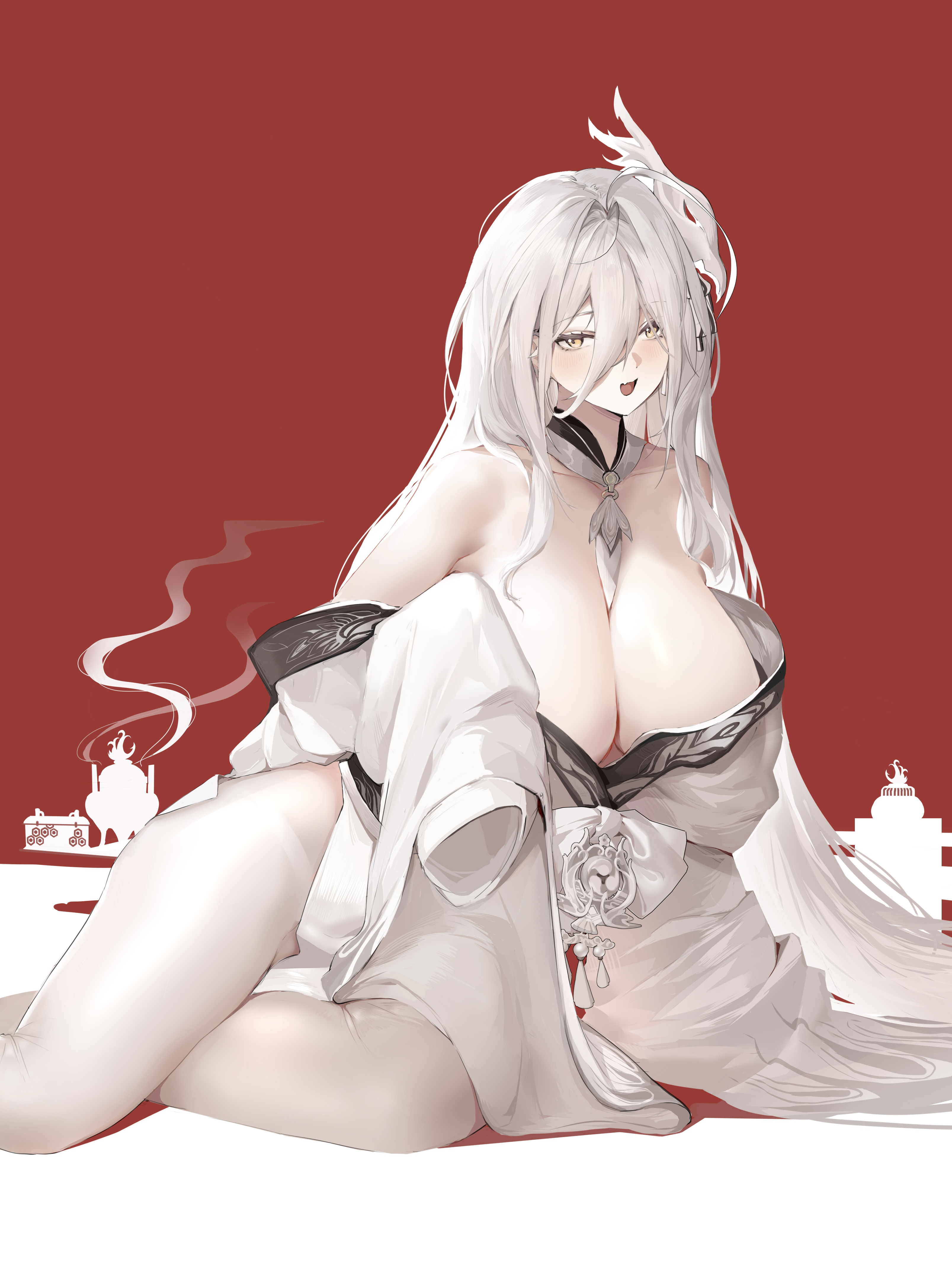 biu biu bin, hakuhou (azur lane), azur lane, absurdres, commentary, highres, 1girl, breasts, cleavage, fang, huge breasts, japanese clothes, kimono, light blush, long bangs, looking at viewer, mask, mask on head, pantyhose, red background, simple background, skin fang, solo, white hair, white kimono, white pantyhose, yellow eyes