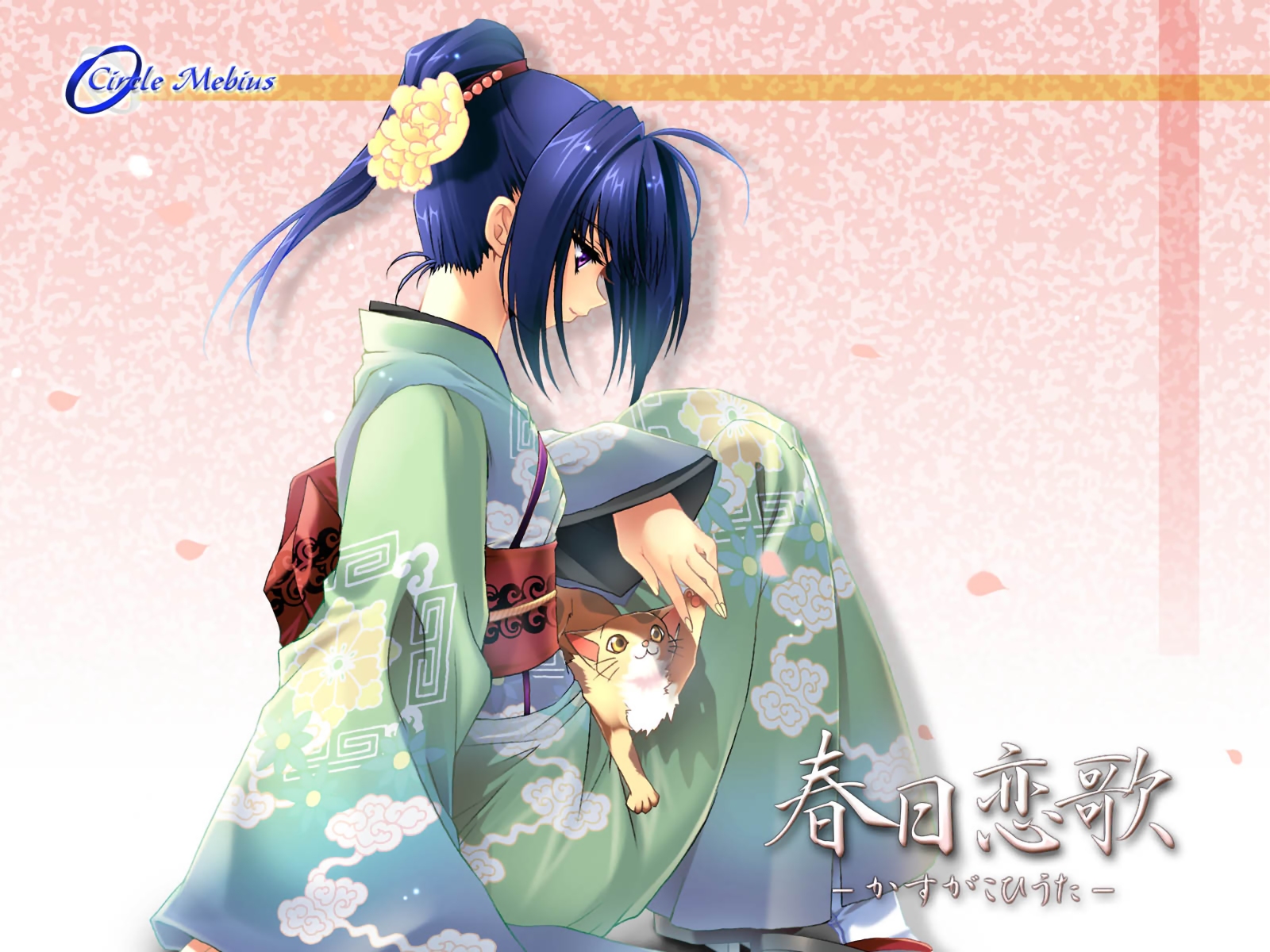 highres, cat, flower, hair flower, hair ornament, japanese clothes, kimono, profile, purple eyes, purple hair, solo