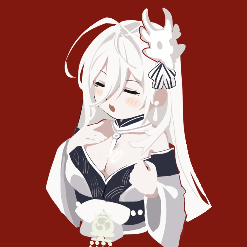 biu biu bin, hakuhou (azur lane), azur lane, commentary, 1girl, ahoge, bare shoulders, chibi, chibi only, closed eyes, cropped torso, hands up, japanese clothes, kimono, long bangs, mask, mask on head, open mouth, red background, simple background, solo, white hair, white kimono