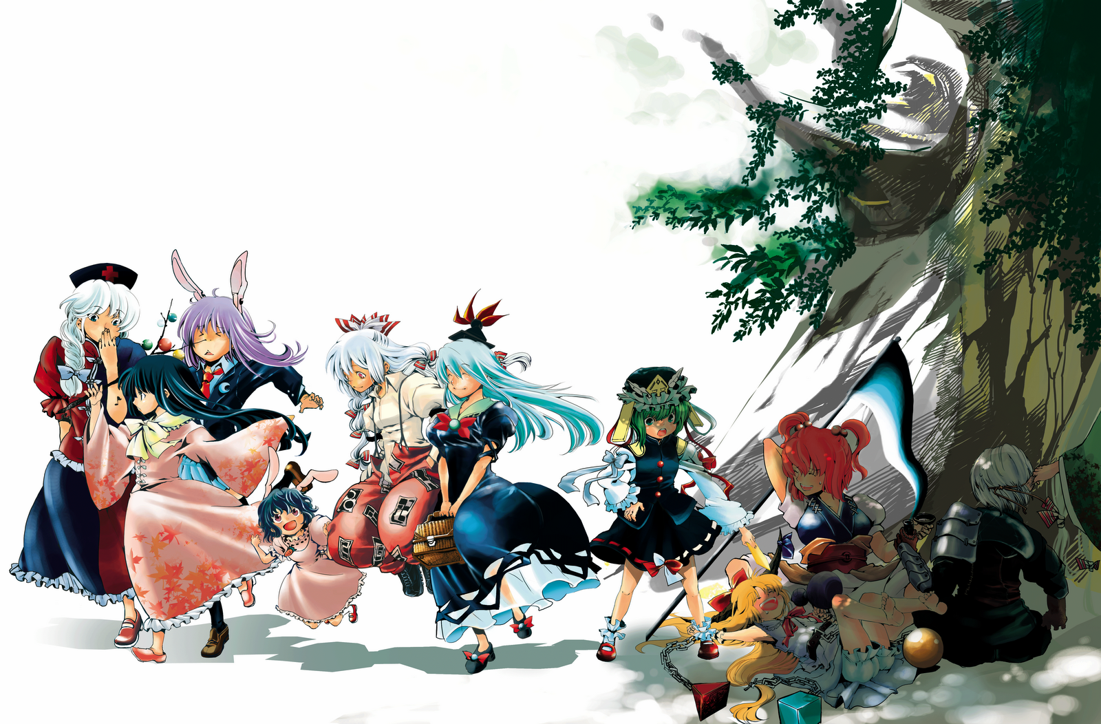 sano sanoko, fujiwara no mokou, houraisan kaguya, ibuki suika, inaba tewi, kamishirasawa keine, onozuka komachi, reisen udongein inaba, shiki eiki, yagokoro eirin, touhou, silver hair, highres, 6+girls, alcohol, animal ears, armor, barefoot, black hair, blazer, blonde hair, blue eyes, blue hair, blush, bow, braid, carrot, carrot necklace, chain, closed eyes, crescent, crescent moon, cup, everyone, female focus, gourd, green hair, hair bobbles, hair bow, hair ornament, hat, horns, jacket, jewelry, long hair, moon, multiple girls, necklace, necktie, nurse cap, open mouth, pants, pendant, purple hair, rabbit ears, red eyes, red hair, rod of remorse, sake, short hair, single braid, skirt, smile, suspenders, sweatdrop, tree, twintails, two side up, very long hair