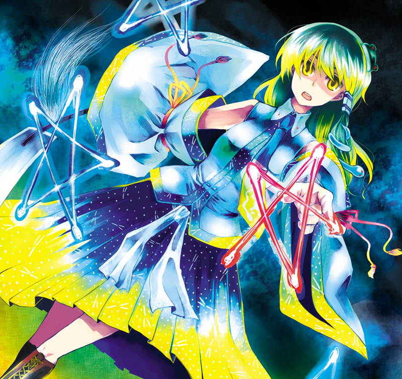 tadano kagekichi, kochiya sanae, touhou, 1girl, blonde hair, boots, detached sleeves, dutch angle, female focus, frog hair ornament, gohei, green hair, hair ornament, hair tubes, long hair, multicolored hair, open mouth, skirt, snake, solo, star (symbol), two-tone hair, yellow eyes