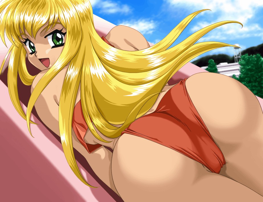 tina (kakyuusei), bishop (company), kakyuusei, kakyuusei (series), 1girl, ass, bikini, blonde hair, day, female focus, from behind, green eyes, long hair, looking back, open mouth, solo, swimsuit, tankini