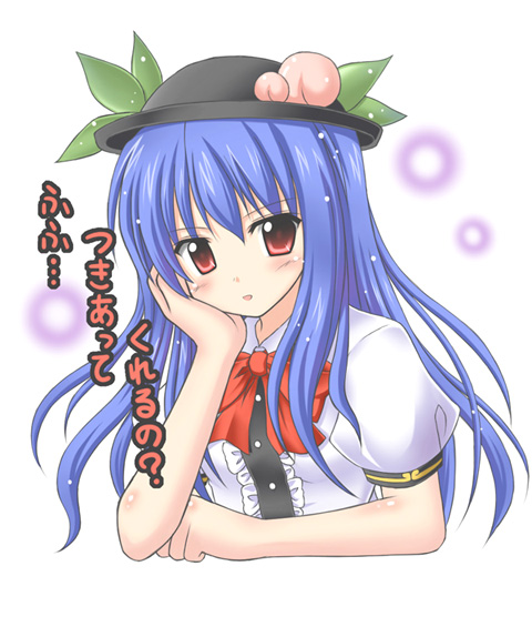 exe (artist), xe (execut3r), hinanawi tenshi, touhou, translated, 1girl, blue hair, female focus, food, fruit, hat, peach, red eyes, solo
