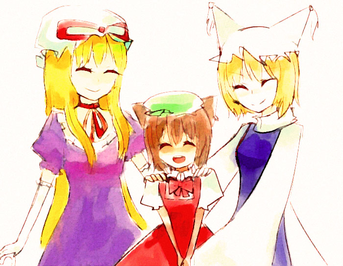 shinku (insaniti), chen, yakumo ran, yakumo yukari, touhou, hand on shoulder, painting (medium), traditional media, watercolor (medium), 3girls, ^ ^, animal ears, animal hat, blonde hair, brown hair, cat ears, cat girl, closed eyes, dress, earrings, elbow gloves, female focus, gloves, happy, hat, height difference, jewelry, long hair, long sleeves, mob cap, multiple girls, neck ribbon, puffy sleeves, ribbon, short hair, short sleeves, single earring, smile, tabard, tassel, turtleneck, v arms, very long hair, white gloves, wide sleeves