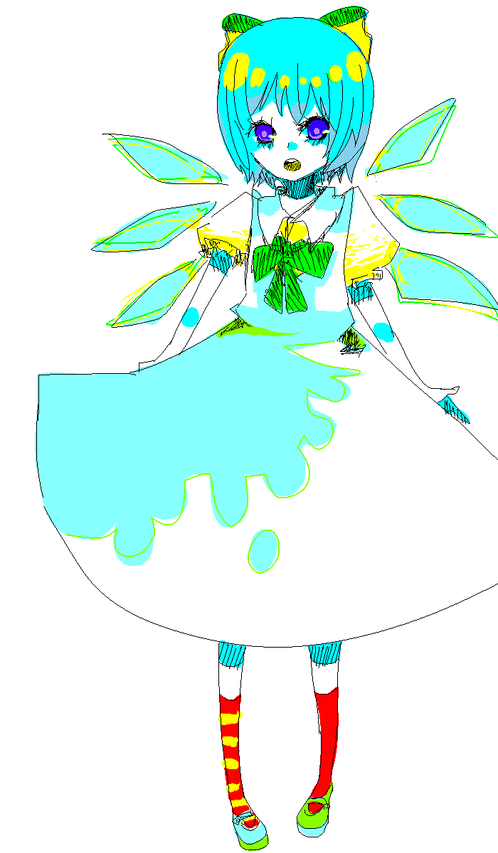 shinku (insaniti), cirno, touhou, highres, 1girl, blue shoes, female focus, full body, green shoes, limited palette, oekaki, shoes, simple background, solo, white background
