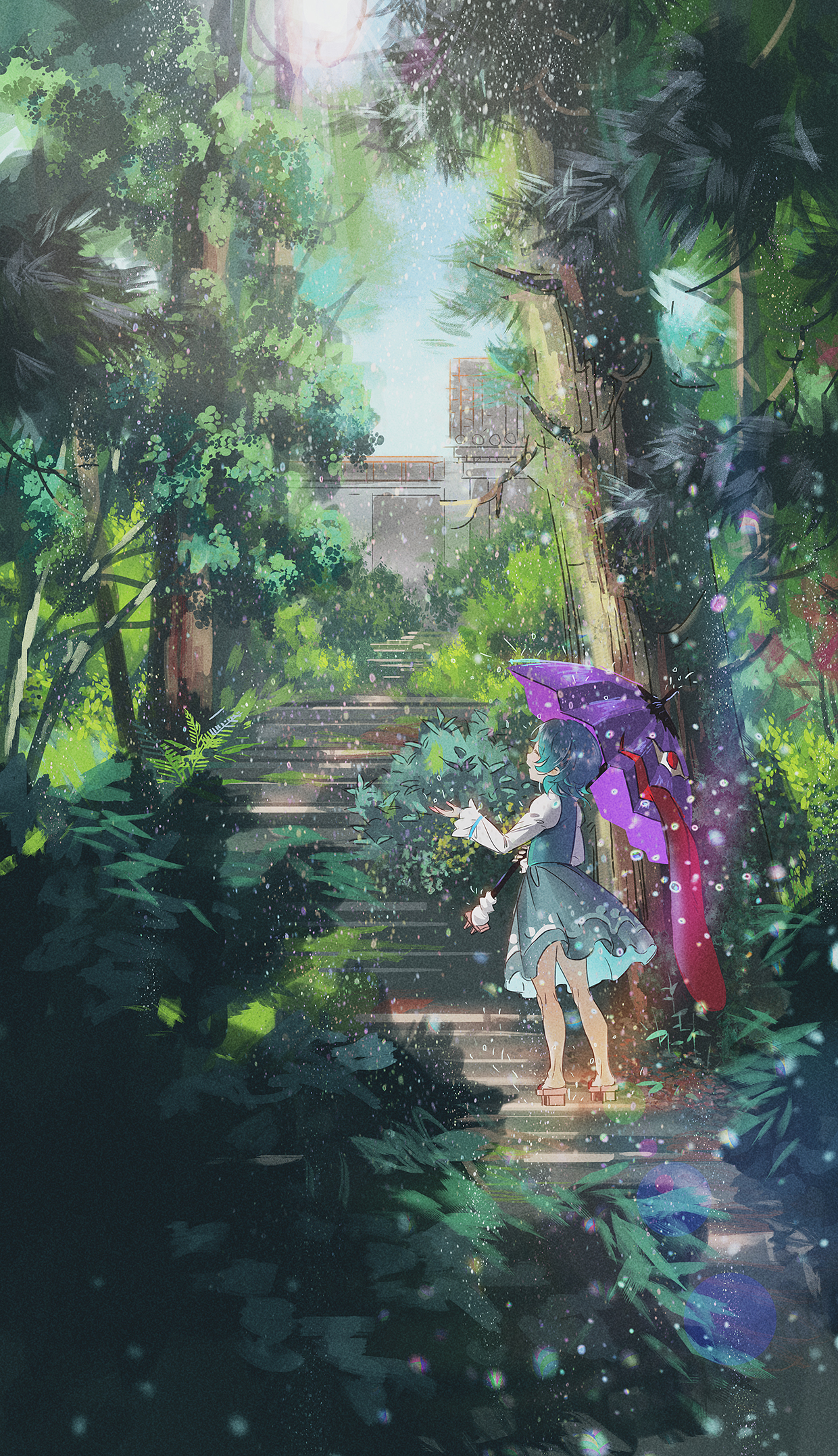 seeker, tatara kogasa, touhou, highres, 1girl, aqua hair, aqua skirt, aqua vest, day, karakasa obake, nature, outdoors, purple umbrella, shirt, short hair, skirt, solo, stairs, stone stairs, tree, umbrella, vest, white shirt