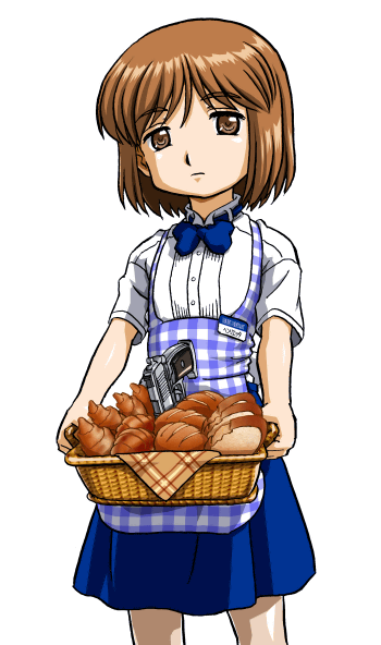 bandabekken, henrietta (gunslinger girl), gunslinger girl, 00s, 1girl, apron, basket, blouse, blue bow, blue bowtie, bob cut, bow, bowtie, bread, brown eyes, brown hair, female focus, food, gingham apron, gun, handgun, kobeya uniform, looking at viewer, pistol, plaid apron, plaid clothes, shirt, short hair, skirt, solo, waitress, weapon, white shirt