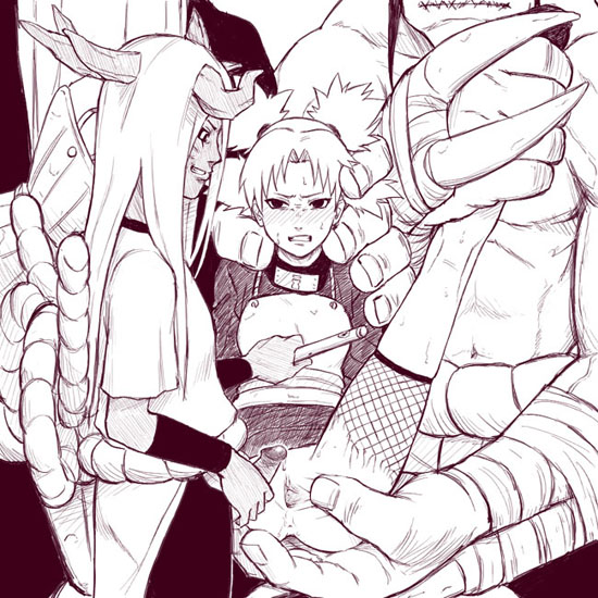 nier (l215), tayuya (naruto), temari (naruto), naruto (classic), naruto (series), 1boy, 1futa, 1girl, aftersex, black sclera, clitoris, colored sclera, cum, cumdrip, demon girl, erection, fishnets, futa with female, futanari, group sex, horns, imminent penetration, imminent rape, monochrome, monster, monster girl, ninja, penis, pussy, rape, spread legs, spread pussy, torn clothes, uncensored