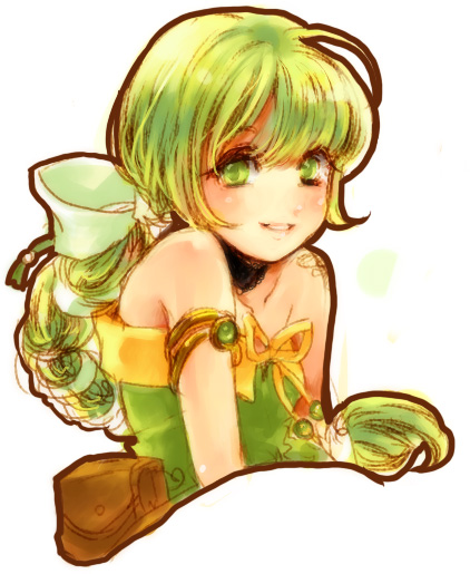 kurai (artist), kurai (campanella), virginia knights, saga, saga frontier 2, 1girl, female focus, green eyes, green hair, matching hair/eyes, multi-tied hair, ponytail, solo