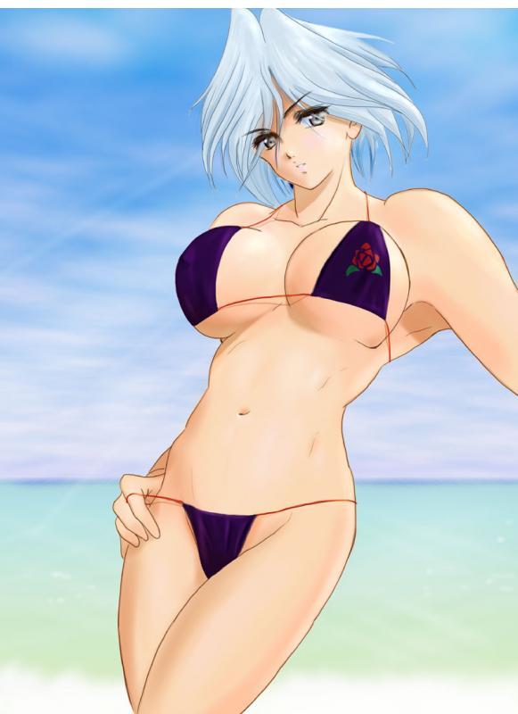 christie (doa), dead or alive, tecmo, tagme, 1girl, bikini, breasts, cleavage, large breasts, navel, short hair, swimsuit, underboob, white hair