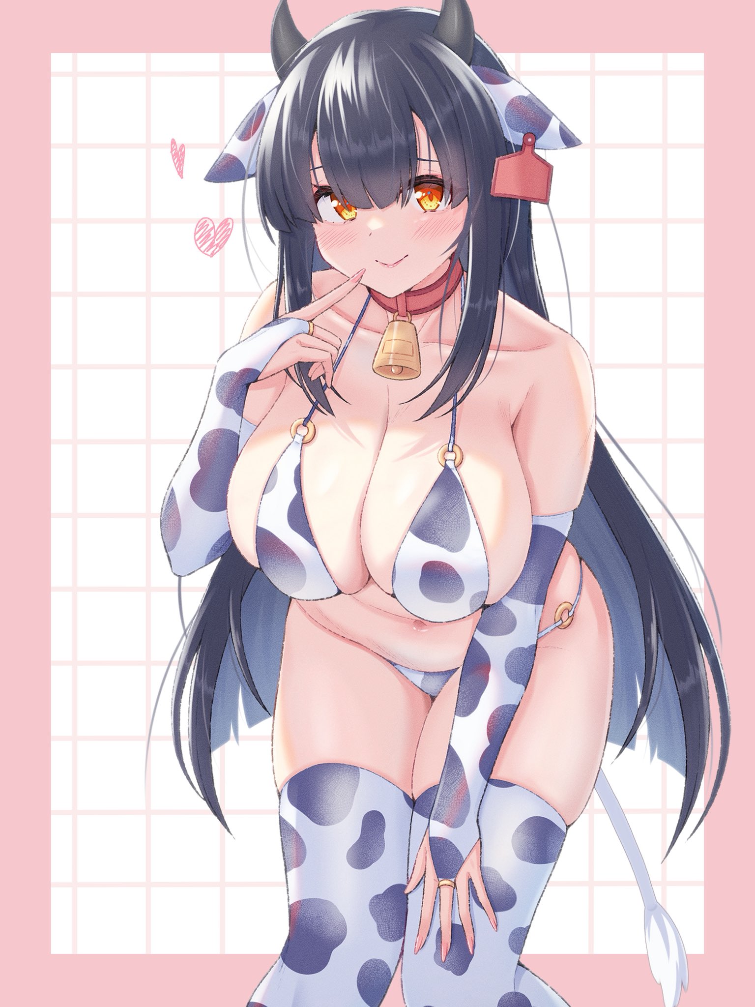 original, artist request, 1girl, animal ears, animal print, bikini, black hair, blush, breasts, bridal gauntlets, choker, cleavage, cow ears, cow girl, cow horns, cow print, cow print bikini, cow print gloves, cow print thighhighs, cow tail, cowbell, ear tag, elbow gloves, finger to mouth, gloves, hand on own thigh, heart, horns, large breasts, leaning forward, lips, long hair, navel, neck bell, o-ring, o-ring bikini, orange eyes, plump, print bikini, print gloves, print thighhighs, red choker, sidelocks, smile, solo, standing, swimsuit, tail, thighhighs, yamaokayama
