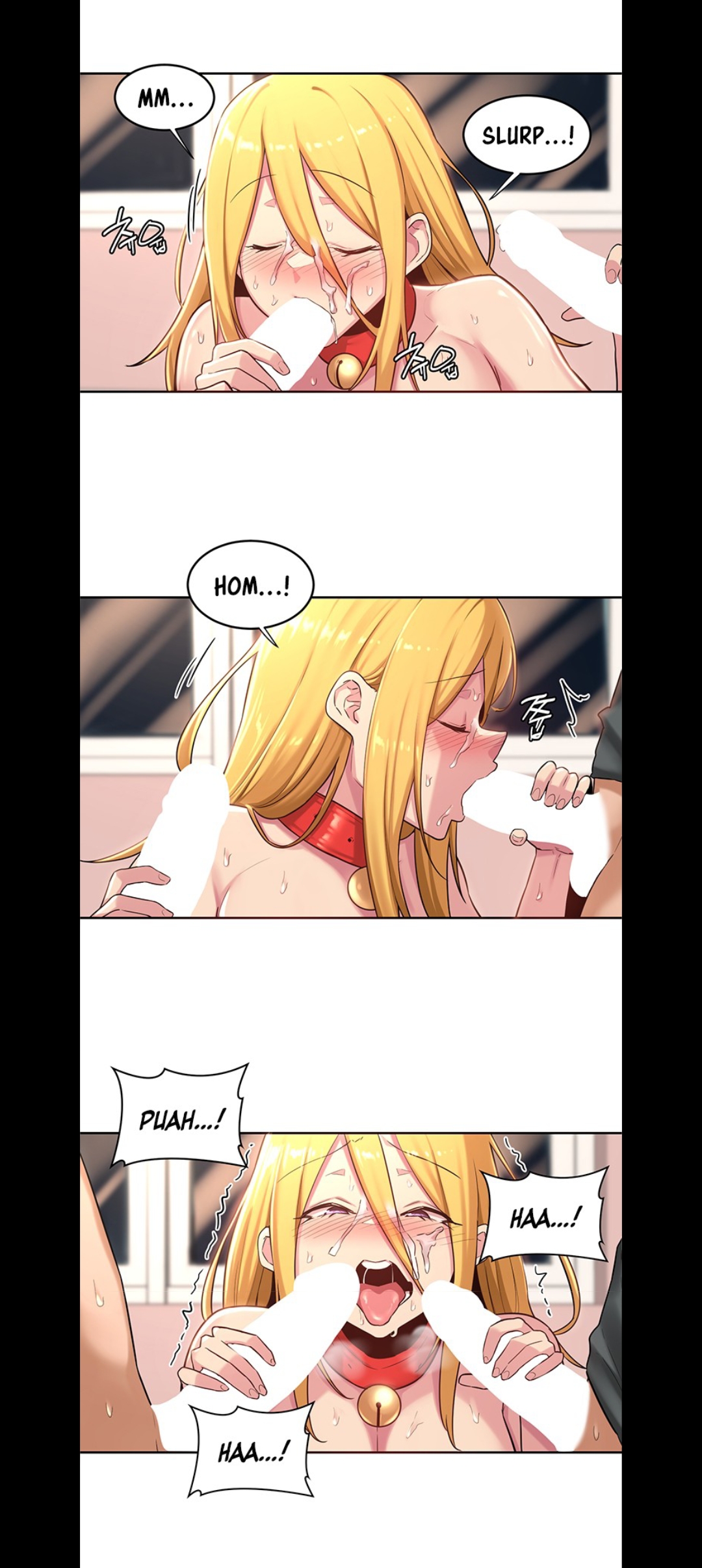 bangkkii, han su-hyun, sextudy group, absurdres, colorized, cropped, highres, official art, translated, 1girl, 2boys, animal collar, bare shoulders, blonde hair, blush, breasts, censored, closed eyes, collar, collarbone, cum, cum on body, dot nose, english text, facial, fellatio, group sex, handjob, large breasts, long hair, motion lines, multiple boys, nude, open mouth, oral, penis, purple eyes, speech bubble, speed lines, sweat, sweatdrop, teeth, threesome, tongue, tongue out, transparent background, upper teeth only