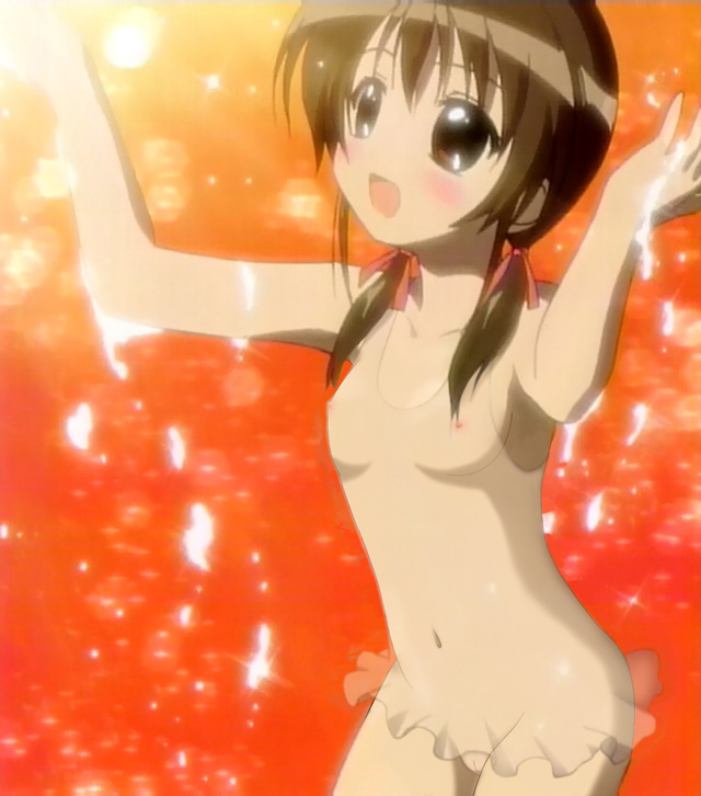 shia (pita ten), pita ten, nude filter, third-party edit, 1girl, beach, loli, nipples, pussy, see-through clothes, sunset