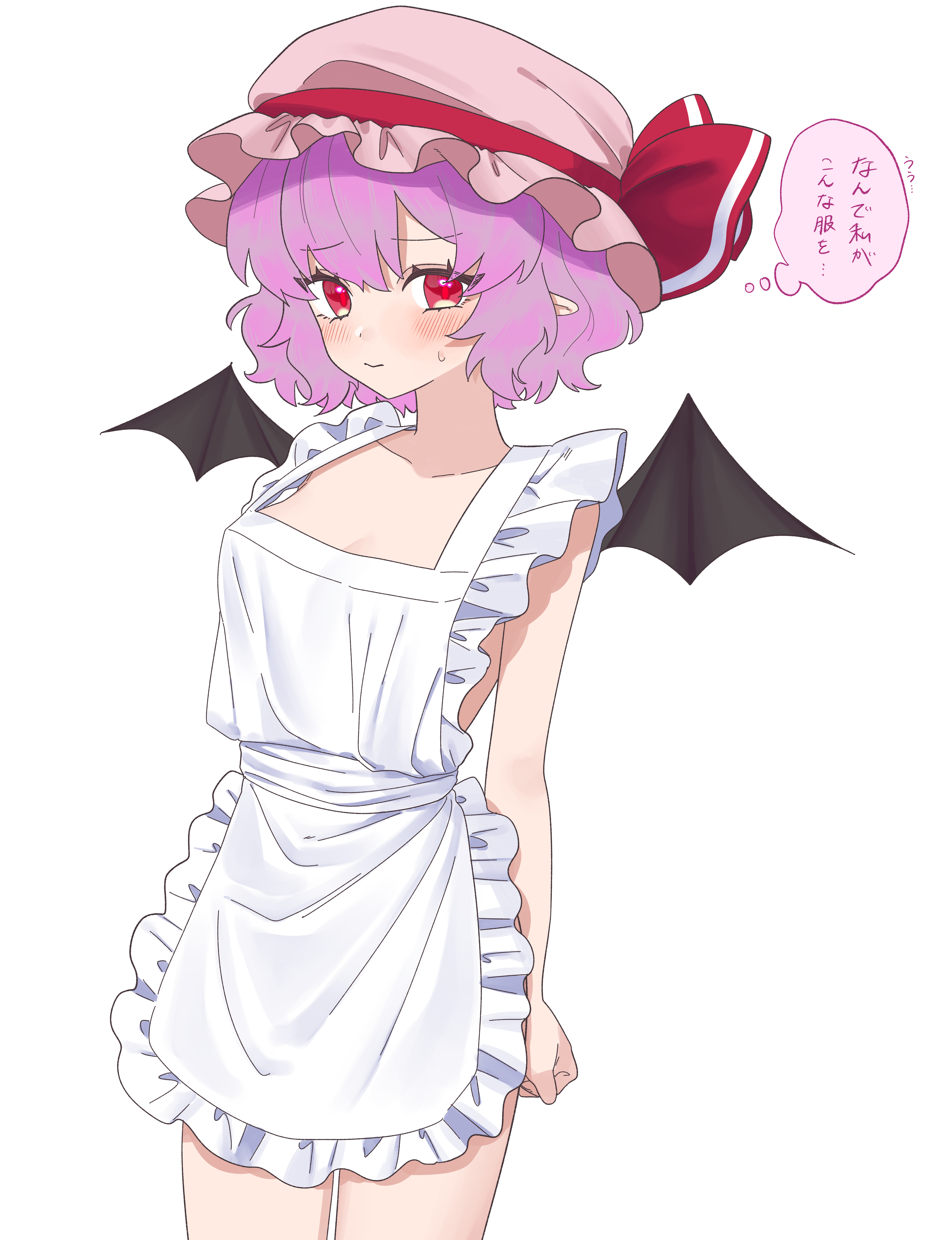 oya (pixiv 102980809), remilia scarlet, touhou, absurdres, commentary request, highres, translation request, 1girl, alternate costume, apron, bat wings, blush, breasts, closed mouth, collarbone, hat, hat ribbon, looking at viewer, mob cap, naked apron, pink hat, pointy ears, purple hair, red eyes, ribbon, simple background, solo, speech bubble, sweatdrop, thought bubble, white apron, white background, wings