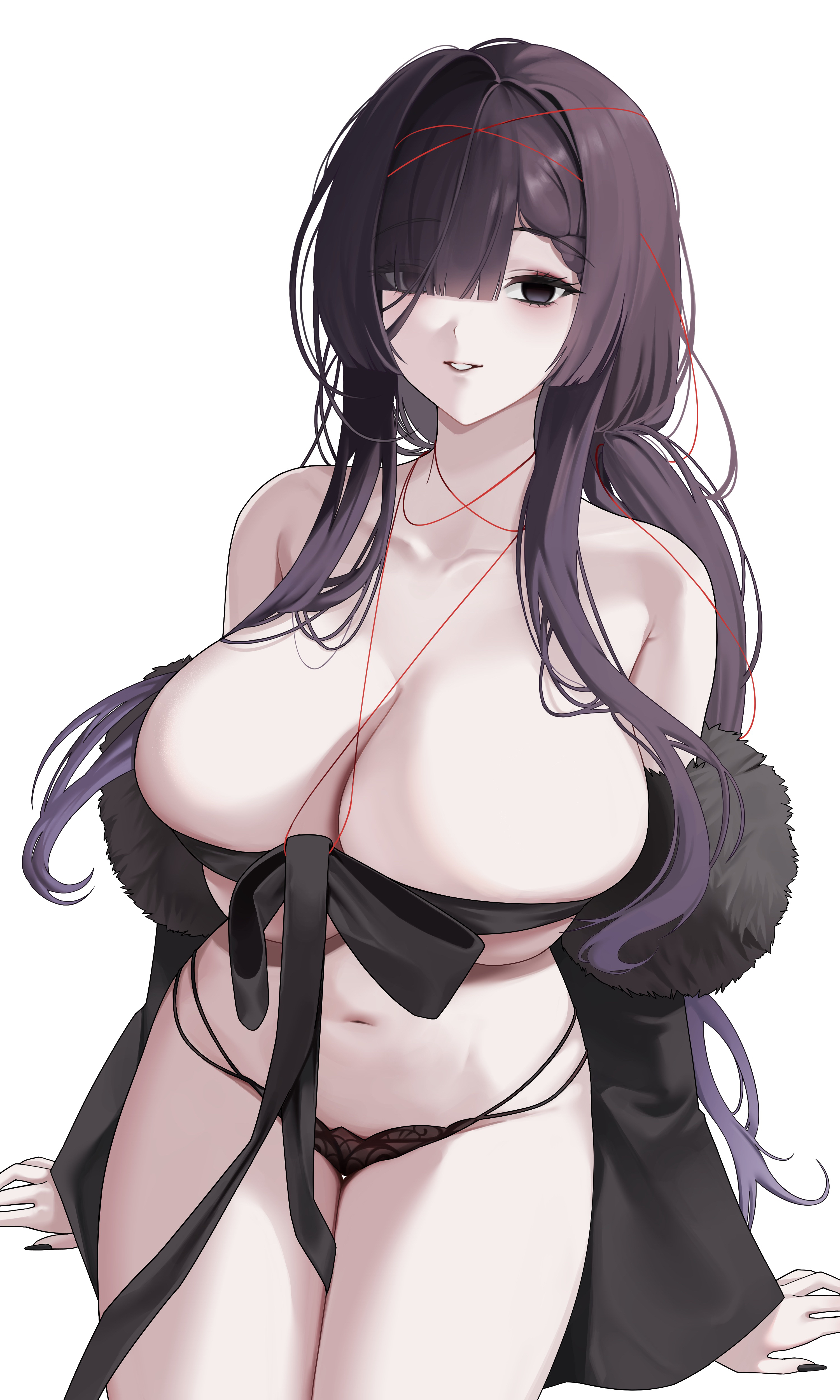 asama (azur lane), asama (blooming upon bewitching night) (azur lane), azur lane, absurdres, highres, 1girl, bare shoulders, black coat, black eyes, black hair, black nails, black panties, blank eyes, breast ribbon, breasts, cleavage, coat, collarbone, eyes visible through hair, fur-trimmed coat, fur trim, gradient hair, hair over one eye, huge breasts, long hair, looking at viewer, miromiro (pzkx7347), multi-strapped panties, multicolored hair, navel, official alternate costume, open clothes, open coat, panties, parted lips, purple hair, simple background, skindentation, solo, stomach, underwear, white background