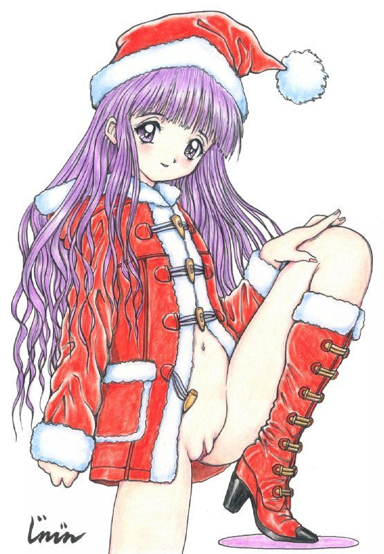 jinjin, daidouji tomoyo, cardcaptor sakura, 1990s (style), 1girl, boots, bottomless, christmas, coat, female focus, leg up, loli, naked coat, no panties, pussy, retro artstyle, santa costume, solo, uncensored