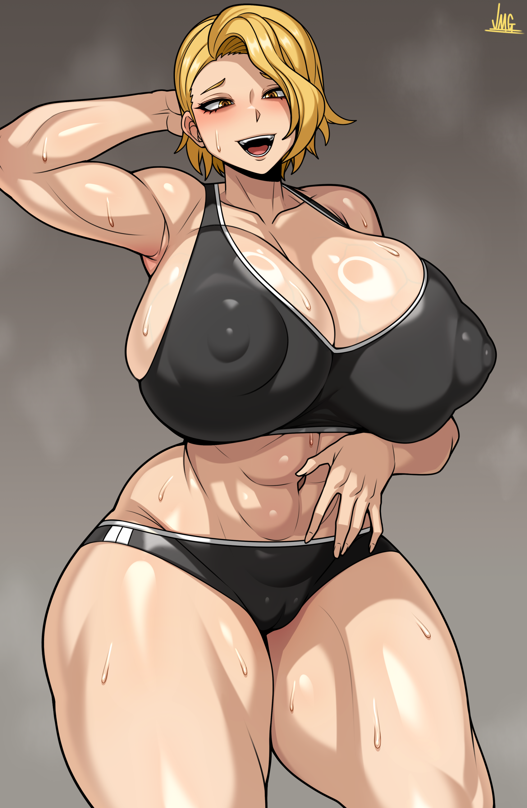 jmg, sazanami kuina, tougen anki, absurdres, highres, 1girl, abs, blonde hair, breasts, cameltoe, cleavage, covered erect nipples, curtained hair, huge breasts, large breasts, looking at viewer, muscular, muscular female, navel, open mouth, panties, short hair, smile, solo, sports bra, standing, sweat, sweatdrop, thighs, underwear, yellow eyes