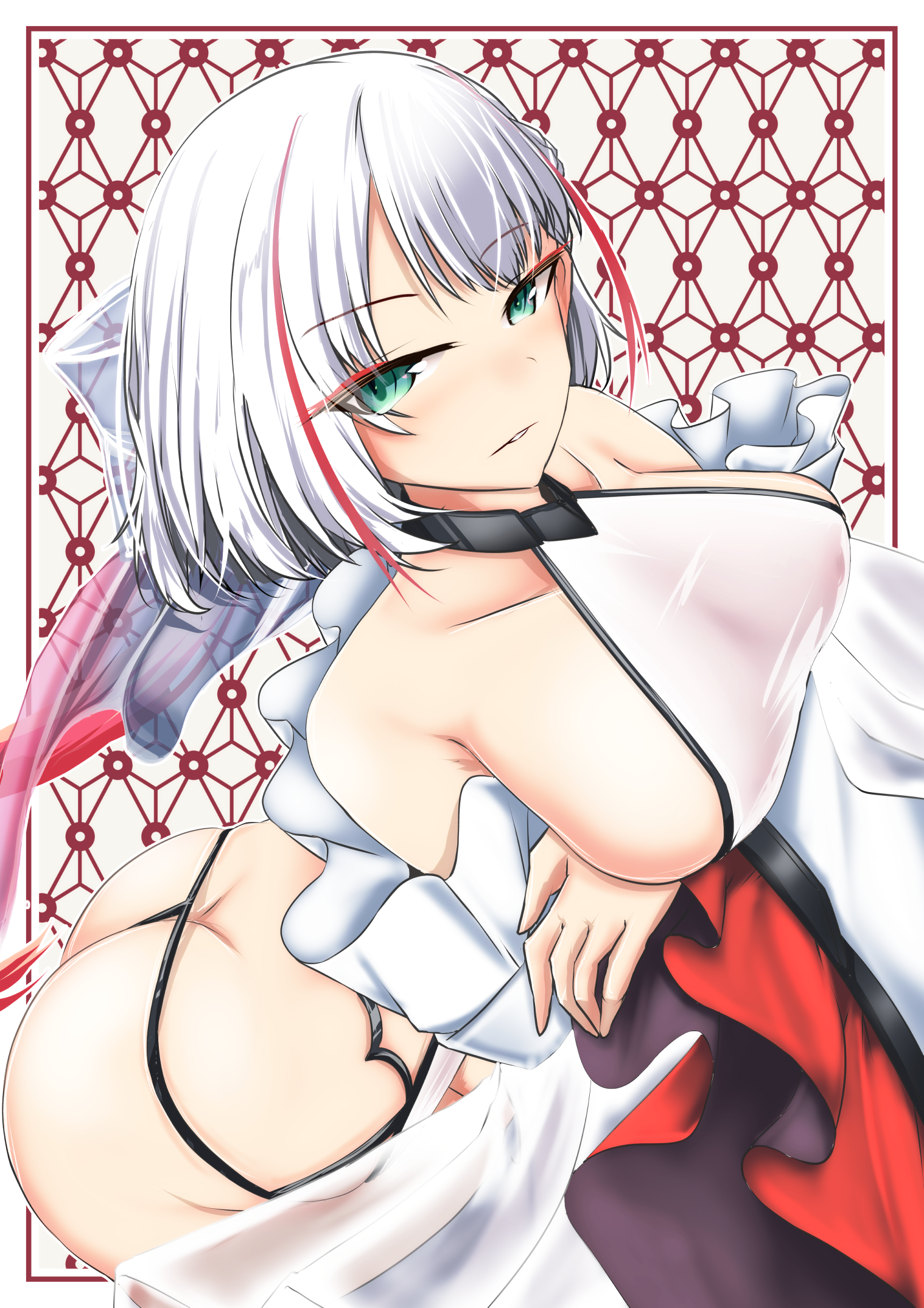 tetsuhige, i-404 (azur lane), azur lane, highres, 1girl, arms under breasts, ass, bow, breasts, covered erect nipples, eyeliner, green eyes, hair bow, large breasts, looking at viewer, makeup, multicolored hair, parted lips, red eyeliner, red hair, red streaks, solo, streaked hair, white bow, white hair, wide sleeves