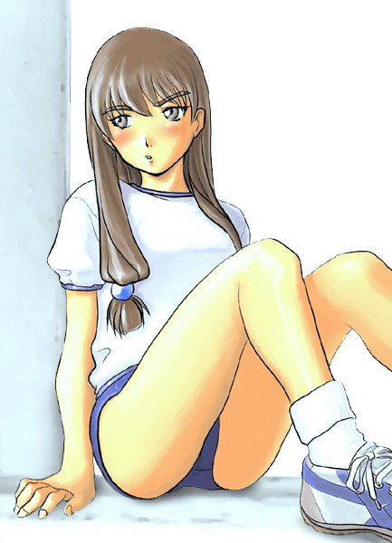 sanada mitsuki, dual! parallel trouble adventure, 1girl, blush, brown eyes, brown hair, buruma, female focus, gym uniform, long hair, solo